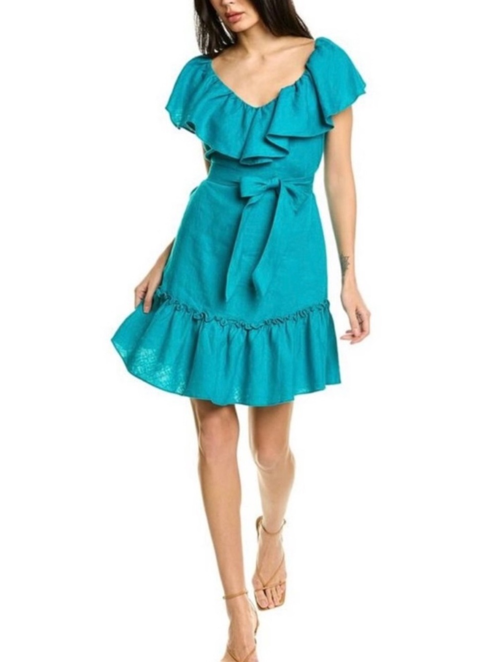 Trina Turk Out of Office Linen Vacation Mini Dress in Teal Size S